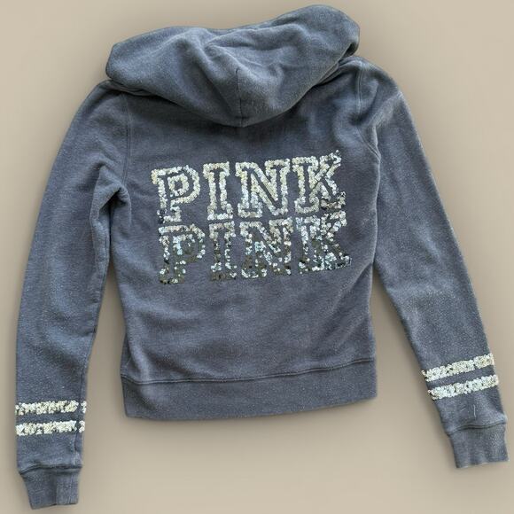 Y2K Victoria Secret Pink Full Zip Hoodie Jacket Bling Sequin Gray XS Bimbo 2010s - Picture 1 of 4